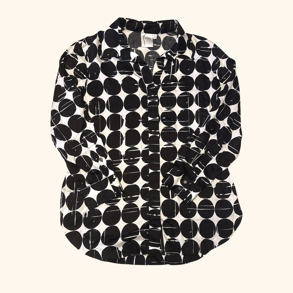Finley Womens Large Black White Geometric Circle Print Button Down Blouse Shirt